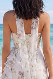 Axelbandslös blommig volang Bodycon Little White klänning