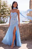 Chiffon Blue A-Line Sweetheart blommig maxiklänning med slits