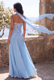 Chiffon Blue A-Line Sweetheart blommig maxiklänning med slits