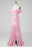 Axellös rosa blommig maxiklänning med slits