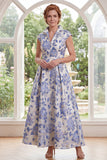 Vit blå blomma A-linje Jacquard Long Mother of the Bride-klänning med mössärmar