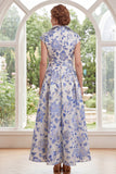 Vit blå blomma A-linje Jacquard Long Mother of the Bride-klänning med mössärmar