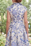 Vit blå blomma A-linje Jacquard Long Mother of the Bride-klänning med mössärmar