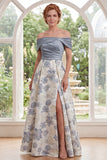 Axellös dammig blå A-linje Jacquard Long Mother of the Bride-klänning med slits