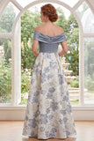 Axellös dammig blå A-linje Jacquard Long Mother of the Bride-klänning med slits