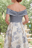 Axellös dammig blå A-linje Jacquard Long Mother of the Bride-klänning med slits