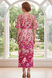 Fuchsia blommig bateau-hals broderad midi-brudmors klänning med slits