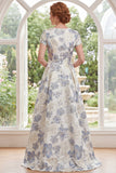 Dammig blå Jacquard rund hals blommig lång brudmorsklänning med kortärmade ärmar