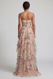 Off-the-shoulder hög-låg champagne A-linje tyll blommig brudmors klänning