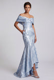 Himmelsblå sjöjungfru blommig lång brudmors klänning med fickor