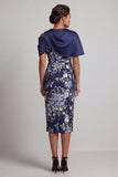 Marinblå blommig bodycon midi Mother Of the Bride-klänning med mantel