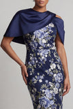 Marinblå blommig bodycon midi Mother Of the Bride-klänning med mantel