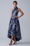 A-linje marinblå blommig halterneck, Jacquard High Low Mother of the Bride Klänning