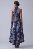 A-linje marinblå blommig halterneck, Jacquard High Low Mother of the Bride Klänning