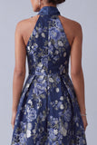 A-linje marinblå blommig halterneck, Jacquard High Low Mother of the Bride Klänning