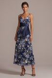 A-Line Navy Floral Spaghetti Straps Midi Mother Of the Bride Klänning