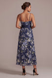 A-Line Navy Floral Spaghetti Straps Midi Mother Of the Bride Klänning