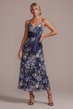 A-Line Navy Floral Spaghetti Straps Midi Mother Of the Bride Klänning