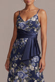 A-Line Navy Floral Spaghetti Straps Midi Mother Of the Bride Klänning