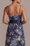 A-Line Navy Floral Spaghetti Straps Midi Mother Of the Bride Klänning