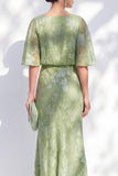 Salvia grön sjöjungfru Chiffon blommig med volang i bateauhalsen lång brudmors klänning