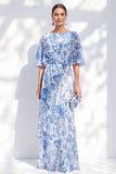 Vit blå blomma sjöjungfru Chiffon Bateau Neck, lång volang Brudmors Klänning