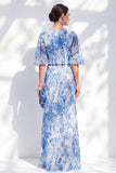 Vit blå blomma sjöjungfru Chiffon Bateau Neck, lång volang Brudmors Klänning