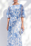 Vit blå blomma sjöjungfru Chiffon Bateau Neck, lång volang Brudmors Klänning