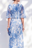 Vit blå blomma sjöjungfru Chiffon Bateau Neck, lång volang Brudmors Klänning