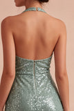 Glittrig ljusgrön halterneck-tight mini paljettcocktailklänning