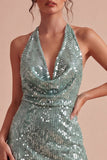 Glittrig ljusgrön halterneck-tight mini paljettcocktailklänning