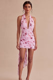Rosa blommig halterneckneck, tajt chiffon minicocktailklänning med rosett