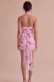 Rosa blommig halterneckneck, tajt chiffon minicocktailklänning med rosett