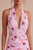 Rosa blommig halterneckneck, tajt chiffon minicocktailklänning med rosett
