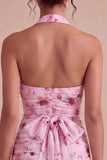Rosa blommig halterneckneck, tajt chiffon minicocktailklänning med rosett