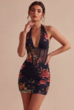Svart halterneck-blommig, genomskinlig korsett Bodycon Mini Cocktailklänning