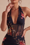 Svart halterneck-blommig, genomskinlig korsett Bodycon Mini Cocktailklänning