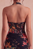 Svart halterneck-blommig, genomskinlig korsett Bodycon Mini Cocktailklänning