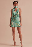 Ljusgrön halterneck-blommig Bodycon Mini Cocktailklänning