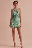 Ljusgrön halterneck-blommig Bodycon Mini Cocktailklänning