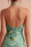 Ljusgrön halterneck-blommig Bodycon Mini Cocktailklänning