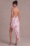 Rosa halterneck-, blommig asymmetrisk cocktailklänning med volanger