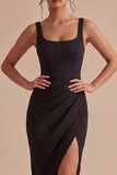 Svart Bodycon midi, rynkade tjocka axelband, formell klänning med slits