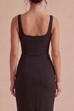 Svart Bodycon midi, rynkade tjocka axelband, formell klänning med slits