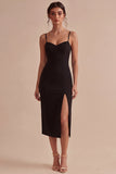 Svart Bodycon midi spaghettiband: formell klänning med slits
