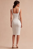 Vit och svart fyrkantig hals bodycon midi prickiga klänning