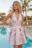 A-linje rosa halterneck-klänning med Jacquard blommig hemkomstklänning med rosett