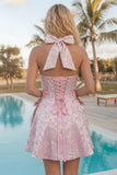 A-linje rosa halterneck-klänning med Jacquard blommig hemkomstklänning med rosett