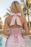 A-linje rosa halterneck-klänning med Jacquard blommig hemkomstklänning med rosett