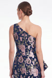Rosa blomma sjöjungfru med en axel Jacquard Long Mother of the Bride-klänning med volanger